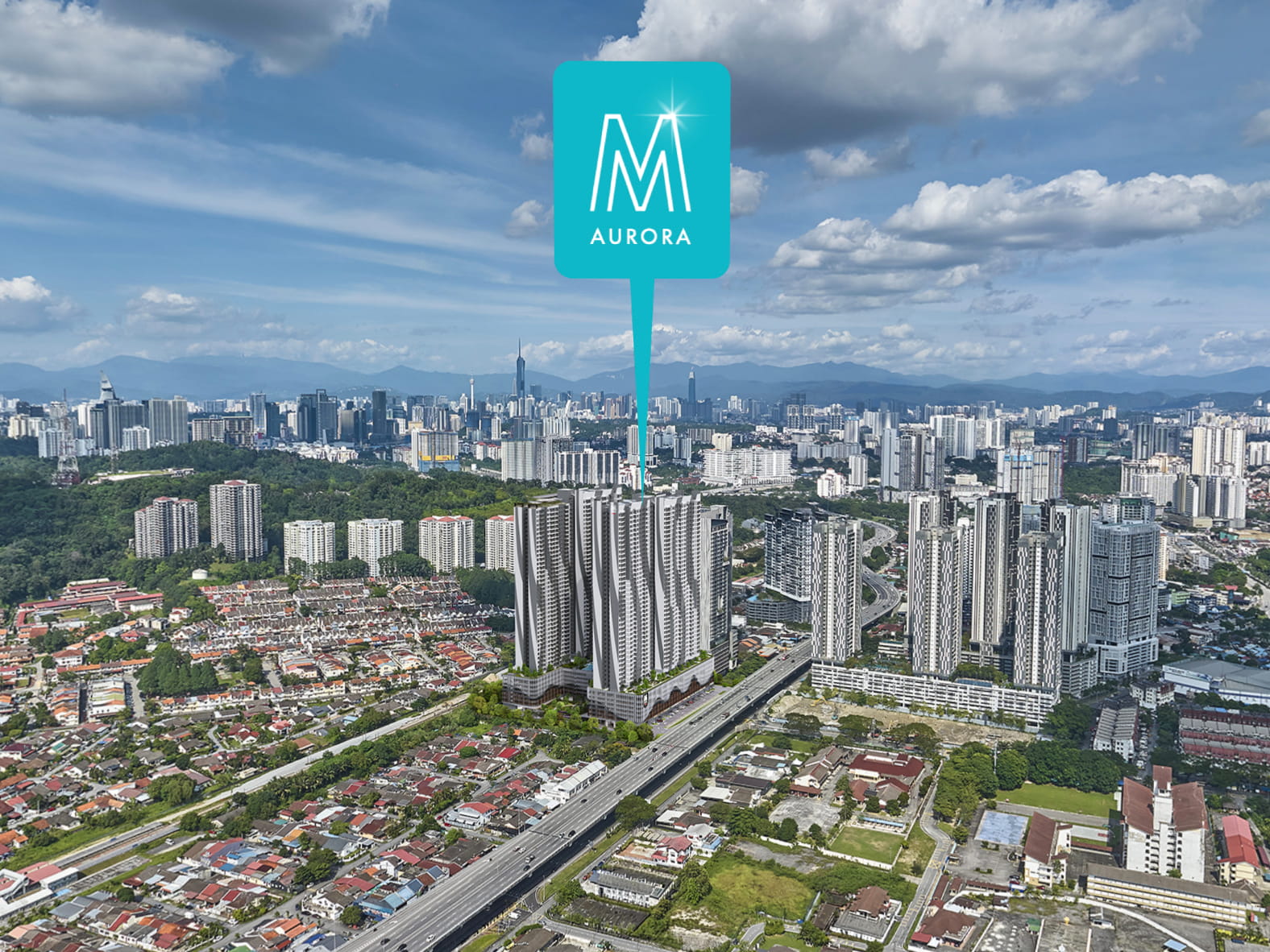 M Aurora Old Klang Road aerial view — project location fronting Jalan Klang Lama with KL city skyline, dual KTM stations, and 6 highway connections