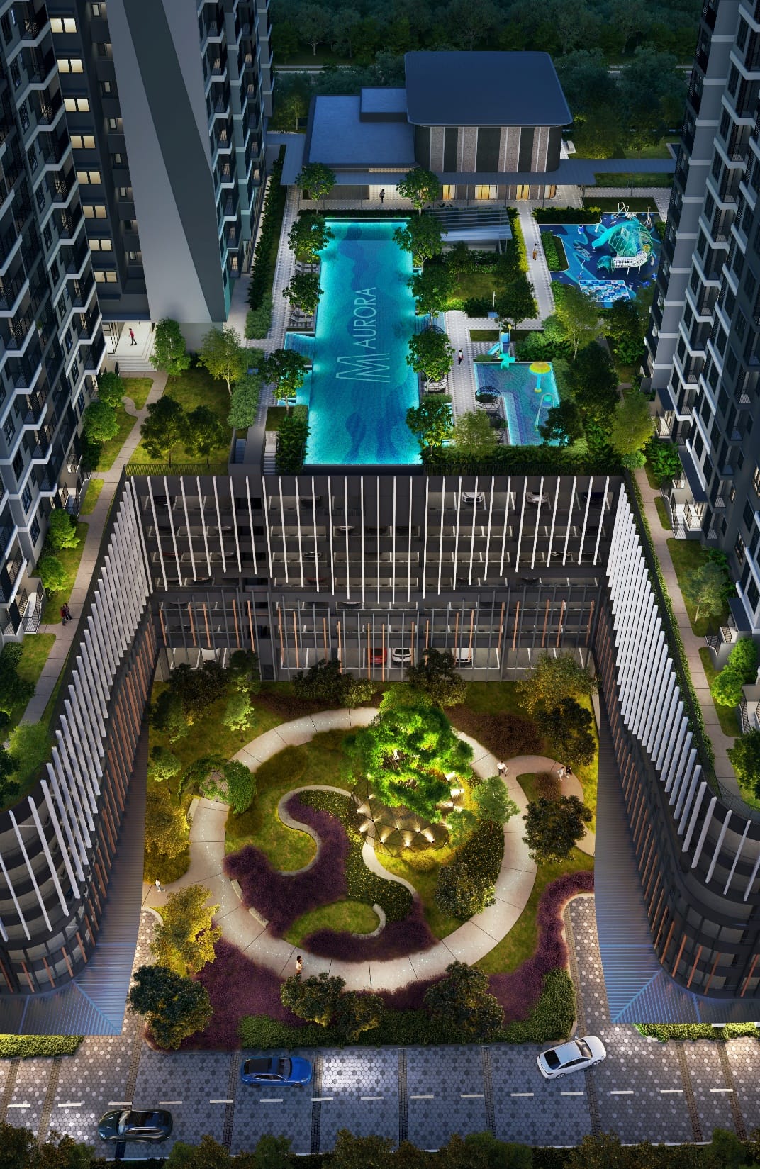 M Aurora @ Old Klang Road — illuminated towers and lap pool at night, freehold serviced residence by Mah Sing