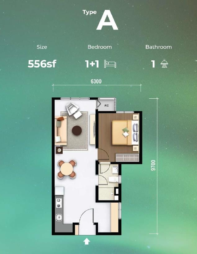 M Aurora Type A 556 sqft 1+1 bedroom floor plan, Tower B, Old Klang Road