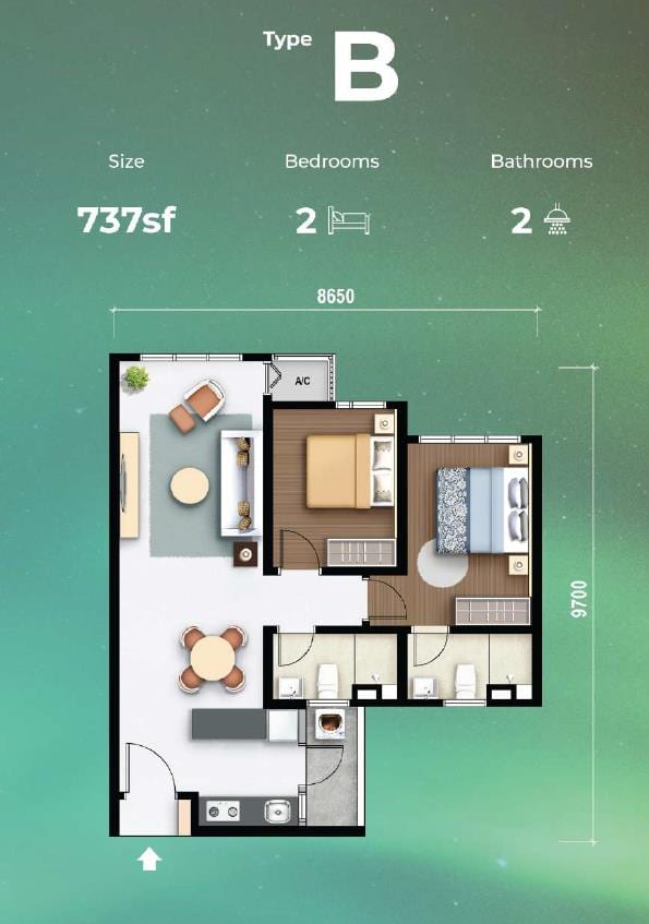 M Aurora Type B 737 sqft 2-bedroom floor plan, Tower B, Old Klang Road