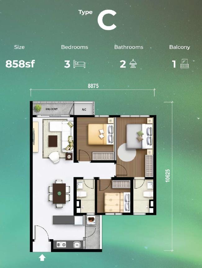 M Aurora Tower A Type C 858 sqft 3-bedroom with balcony floor plan, Old Klang Road