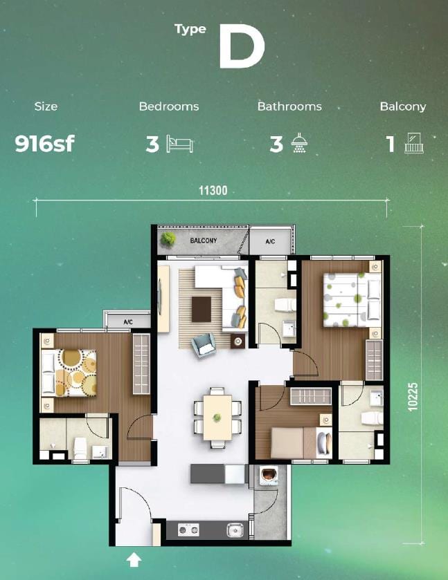 M Aurora Type D 916 sqft 3-bedroom with balcony floor plan, Tower B, Old Klang Road