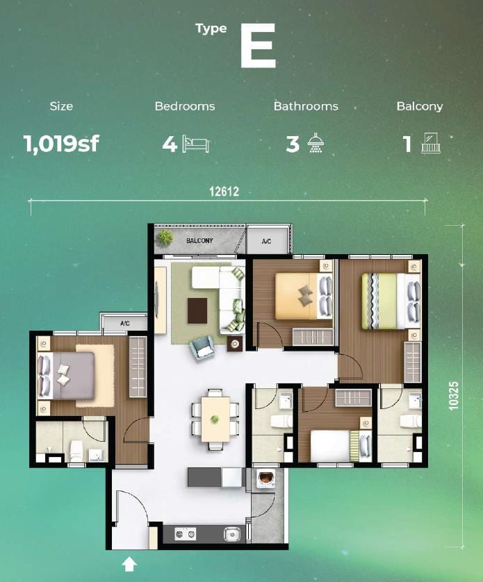 M Aurora Tower A Type E 1019 sqft 4-bedroom with balcony floor plan, Old Klang Road